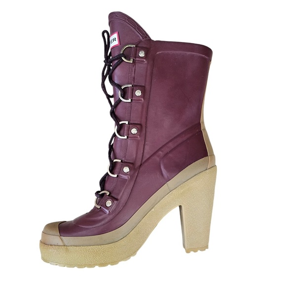 Hunter Gabby lace up high heel rubber rain boots burgundy size 8 / size 39 - Picture 2 of 15
